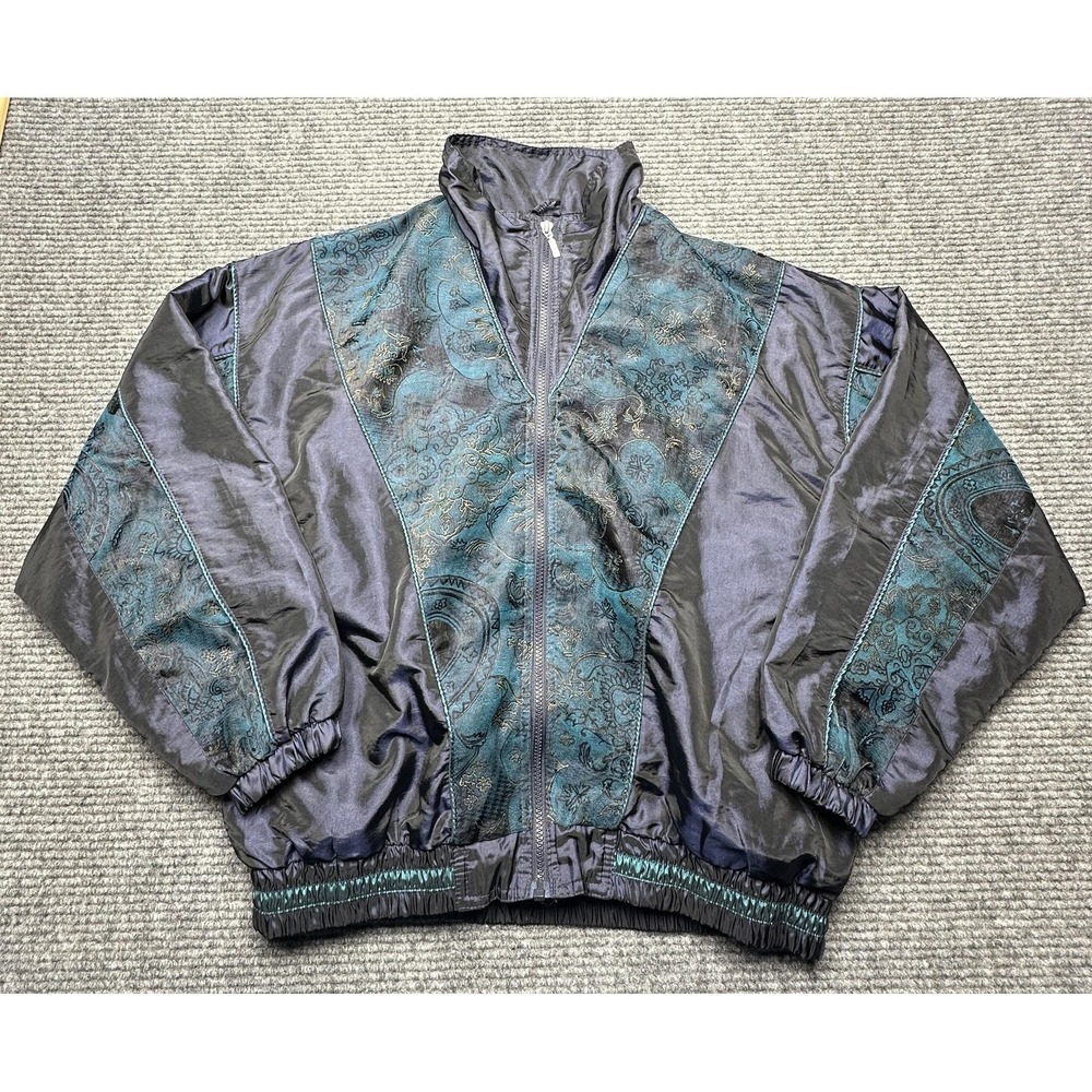 Vintage Outbrook Jacket‎ Womens M Blue Paisley Windbreaker Zip Elastic Waist
